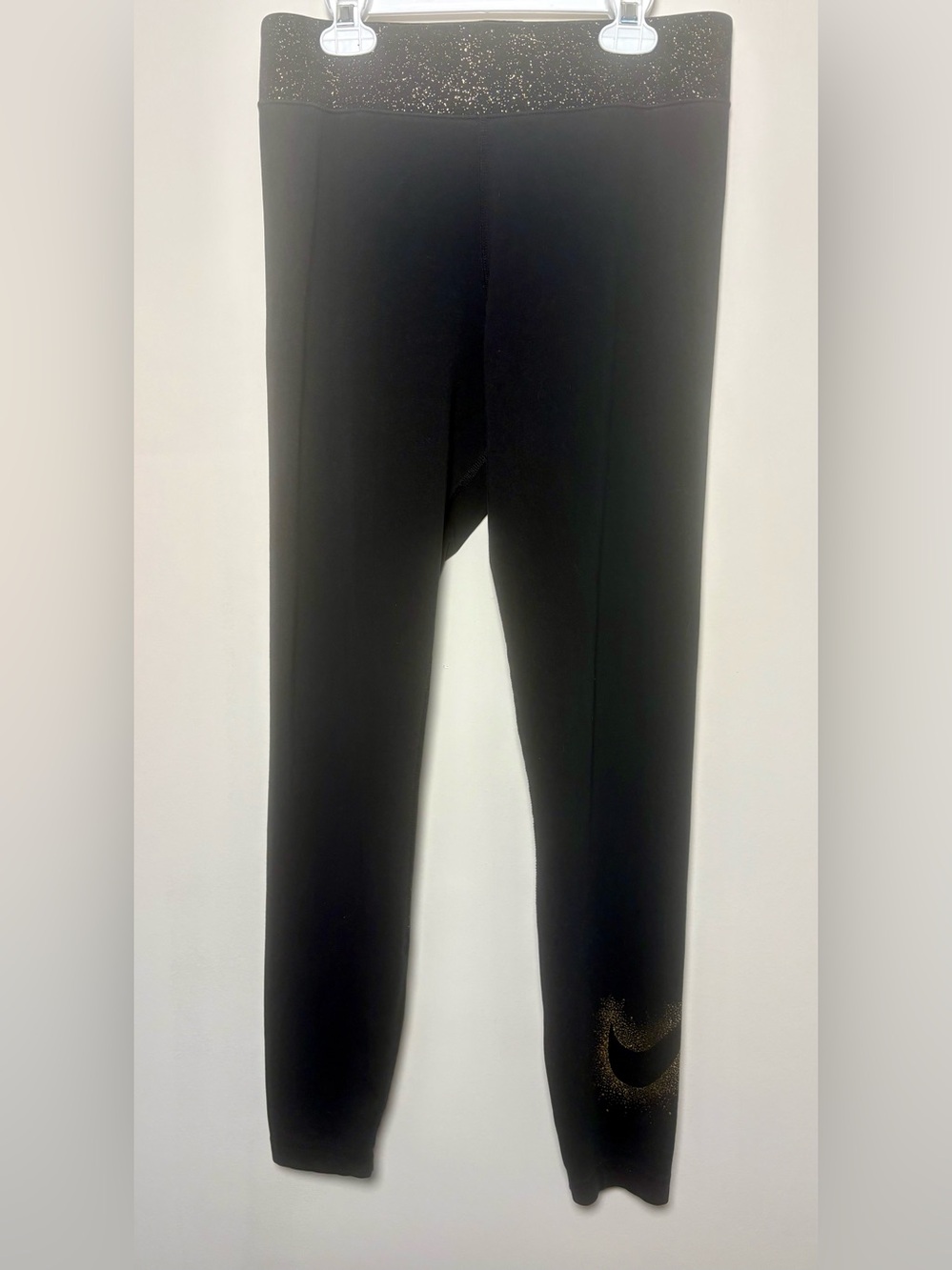 Nike Black Leggings with Gold Glitter Waistband and Swoosh
